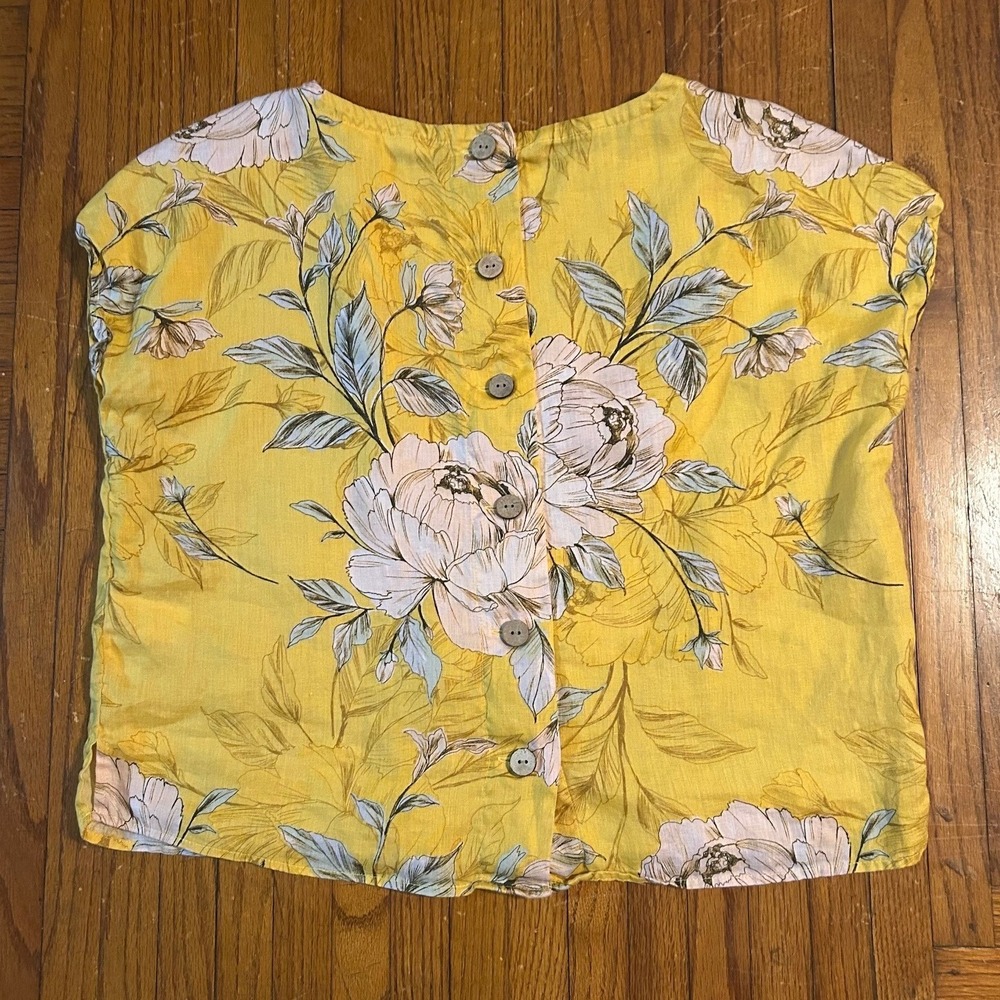 Nicole Miller Yellow Floral 100% Linen Button Back Top XS Cottage Lagenlook Chic - Picture 10 of 10